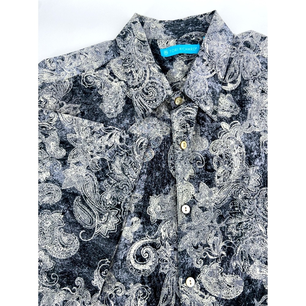 Tori Richard Size L Navy Blue Paisley Short Sleeve Aloha Shirt Made Hawaii